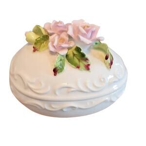 Georgian Fine Bone China Floral Ceramic White Pink Green Egg Shaped Trinket Box